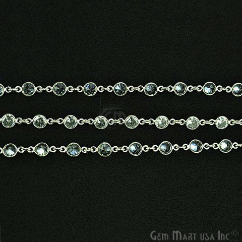 White Zircon 5mm Round Silver Plated Bezel Continuous Connector Chain
