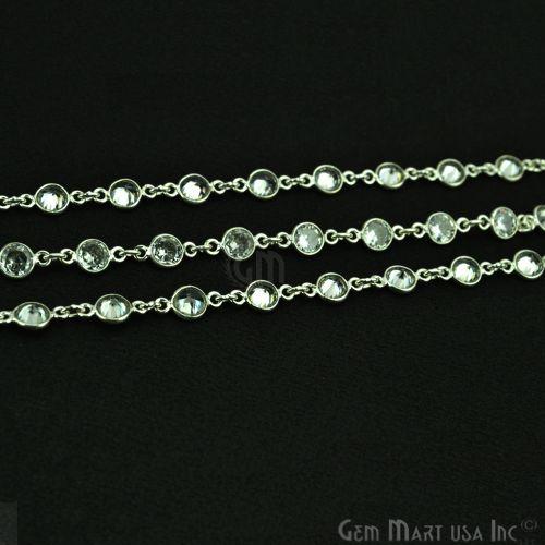 White Zircon 5mm Round Silver Plated Bezel Continuous Connector Chain