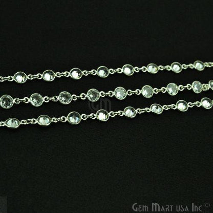 White Zircon 5mm Round Silver Plated Bezel Continuous Connector Chain