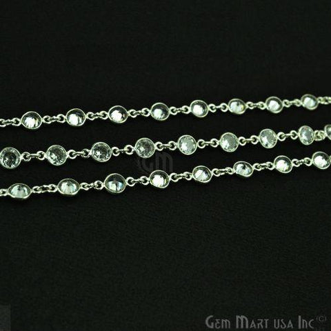 White Zircon 5mm Round Silver Plated Bezel Continuous Connector Chain