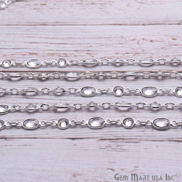 White Zirconia Gemstone Bezeled Round and Oval Silver Plated Continuous Connector Chain