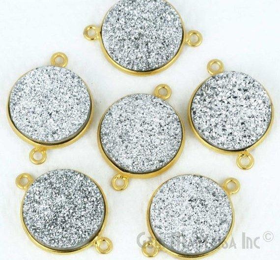 Natural Titanium Druzy 16mm Round Double Bail Gold Gemstone Connector