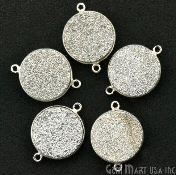 Natural Titanium Druzy 16mm Round Double Bail Silver Gemstone Connector
