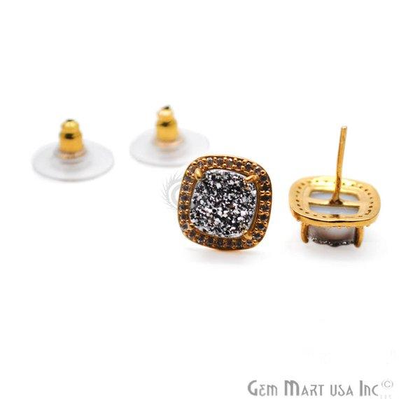 Square Shape 8mm Gold Plated Cubic Zircon Druzy Stud Earrings (Pick your Gemstone) (90032-1) - GemMartUSA