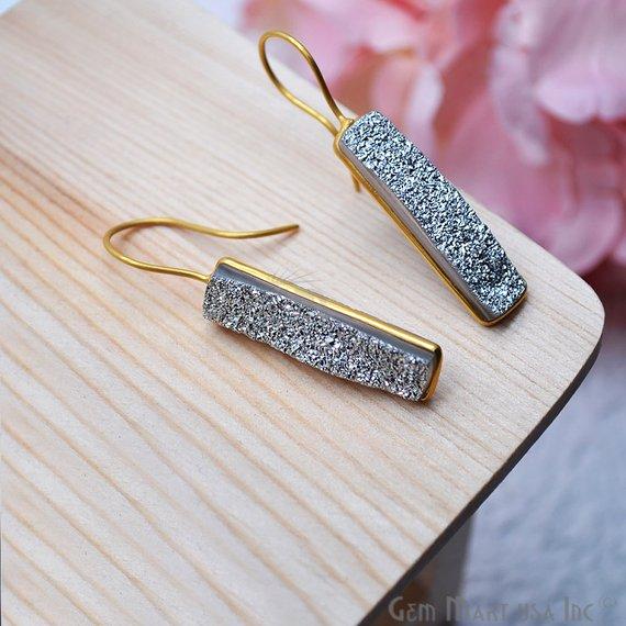 Silver Druzy Rectangle Shape 30x8mm Gold Hook Dangle Earring 1Pair - GemMartUSA