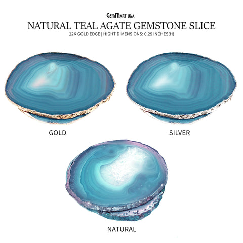 Teal Natural Gemstone Coaster, Agate Slice Coaster, Rock & Crystal Coaster, Organic/Silver/Gold Plated Drinkware