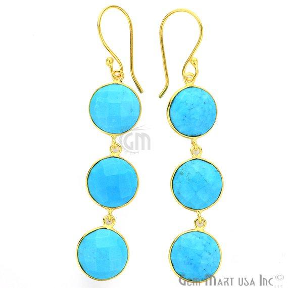 Gold Plated Round 12x66mm Gemstone Long Hook Earring Choose Your Gemstone (90064-1) - GemMartUSA