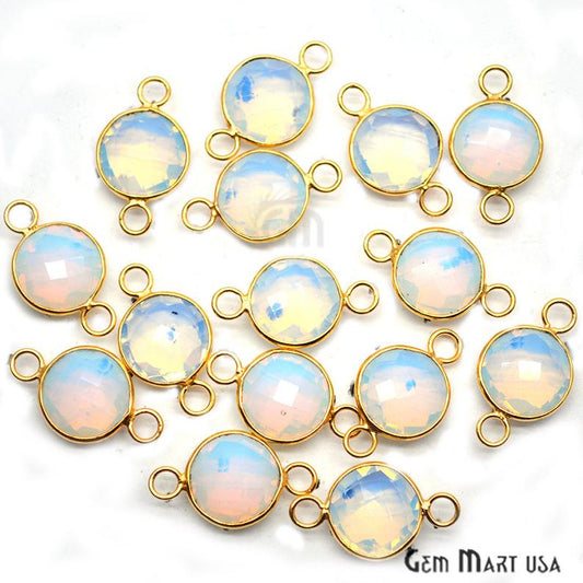 White Opal 12mm Round Gold Plated Bezel Double Bail Gemstone Connector - GemMartUSA