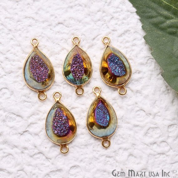 Window Druzy 10x14mm Pears Shape Bezel Cave Druzy Gemstone Connector (Pick Your Color, Bail, Plating) - GemMartUSA