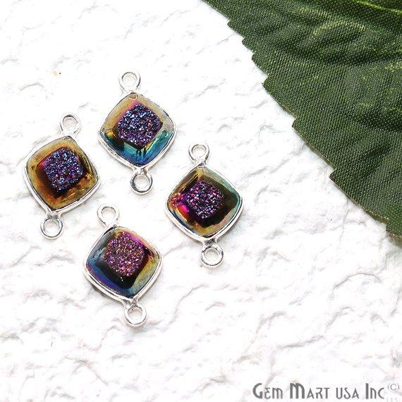 Window Druzy 8mm Cushion Shape Bezel Cave Druzy Gemstone Connector ( Pick Your Color, Plating, Bail) - GemMartUSA