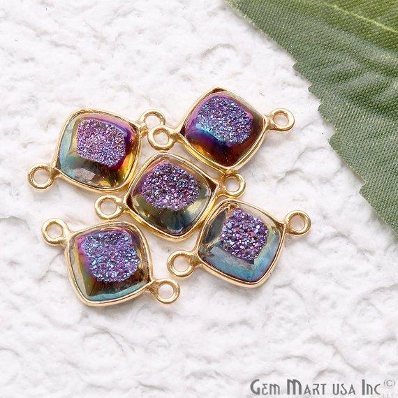 Window Druzy 8mm Cushion Shape Bezel Cave Druzy Gemstone Connector ( Pick Your Color, Plating, Bail) - GemMartUSA