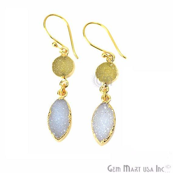 Double Druzy 48x8mm Gold Plated Dangle Hook Earrings (Pick your Gemstone) (90127-1) - GemMartUSA