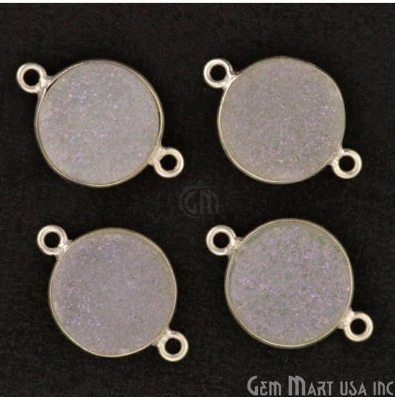 Natural Titanium Silver Druzy 12mm Round Double Bail Bezel Gemstone Connector