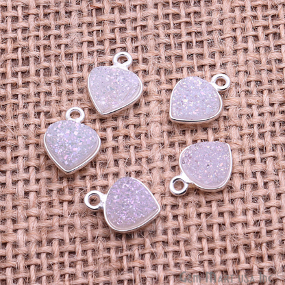 Natural Titanium Druzy 8mm Heart Silver Plated Single Bail Bezel Gemstone Connector