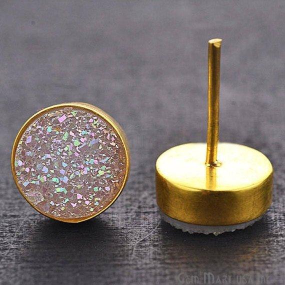 Round Shape 10mm Gold Plated Druzy Stud Earrings 1 Pair (Pick your Gemstone) - GemMartUSA