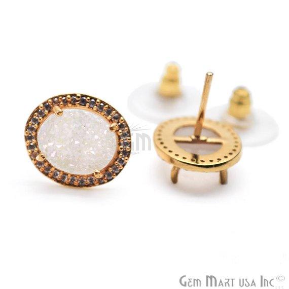 Oval Shape 8x10mm Gold Plated Cubic Zircon Druzy Stud Earrings (Pick your Gemstone) (90033-1) - GemMartUSA