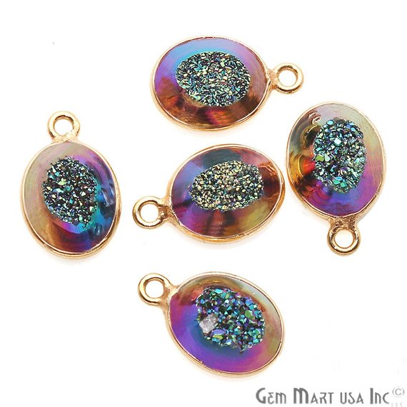 Window Druzy 8x10mm Oval Bezel Cave Druzy Connector (Pick Color, Bail, Plating) - GemMartUSA