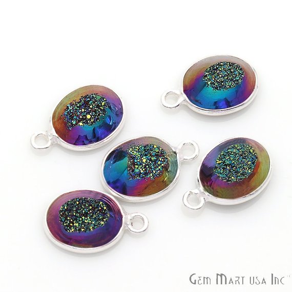 Window Druzy 8x10mm Oval Bezel Cave Druzy Connector (Pick Color, Bail, Plating) - GemMartUSA