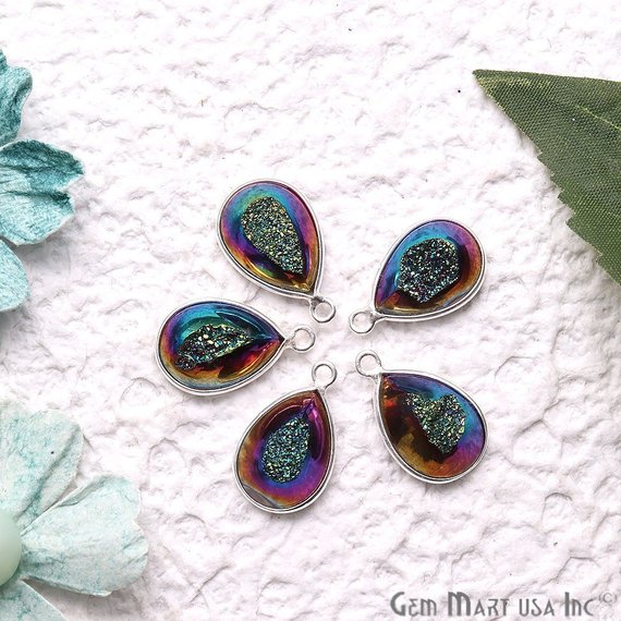 Window Druzy 10x14mm Pears Shape Bezel Cave Druzy Gemstone Connector (Pick Your Color, Bail, Plating) - GemMartUSA