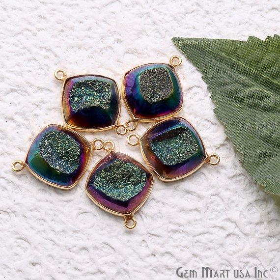 Window Druzy 14mm Cushion Shape Bezel Cave Druzy Gemstone Connector (Pick Your Color, Bail, Plating) - GemMartUSA