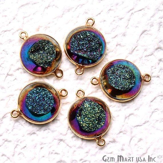 Window Druzy 14mm Round Shape Bezel Cave Druzy Gemstone Connector (Pick Your Color, Bail, Plating) - GemMartUSA