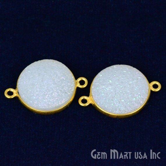 Natural Titanium Druzy 16mm Round Double Bail Gold Gemstone Connector
