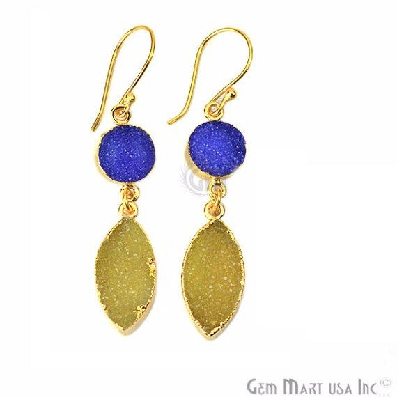 Double Druzy Stone 52x10mm Gold Plated Hook Earrings (Pick your Gemstone) (90135-1) - GemMartUSA