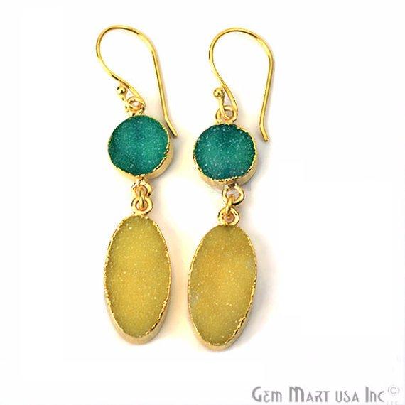 Double Druzy 52x10mm Gold Plated Dangle Hook Earrings (Pick your Gemstone) (90138-1) - GemMartUSA