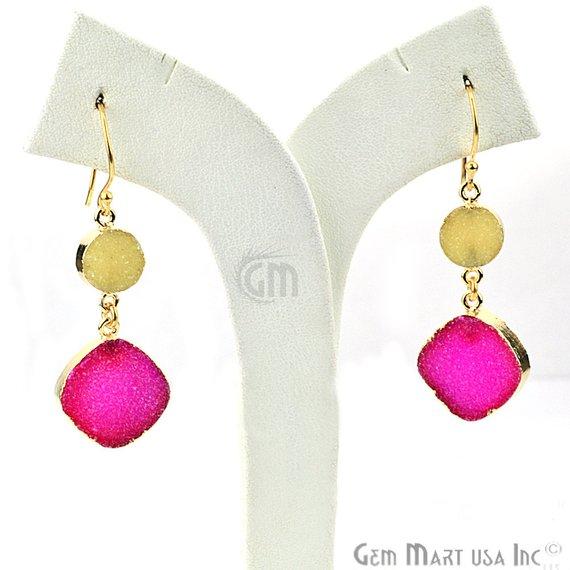 Double Druzy Stone 52x10mm Gold Plated Hook Earrings (Pick your Gemstone) (90117-1) - GemMartUSA