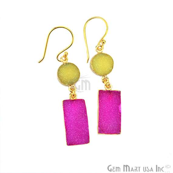 Double Druzy Stone 52x10mm Gold Plated Hook Earrings (Pick your Gemstone) (90118-1) - GemMartUSA