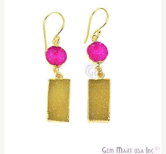 Double Druzy Stone 52x10mm Gold Plated Hook Earrings (Pick your Gemstone) (90136-1) - GemMartUSA