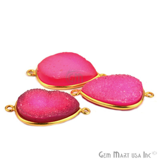 Pink Color Druzy Pears 15x20mm Double Bail Gold Bezel Connector