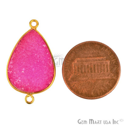 Pink Color Druzy Pears 15x20mm Double Bail Gold Bezel Connector