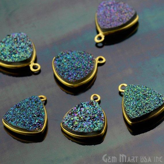 Natural Titanium Druzy 12mm Trillion Gold Plated Single Bail Gemstone Connector