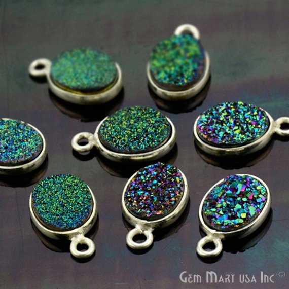 Titanium Druzy 8x10mm Oval Bezel Gemstone Connector (Pick Your Color, Bail, Plating) - GemMartUSA