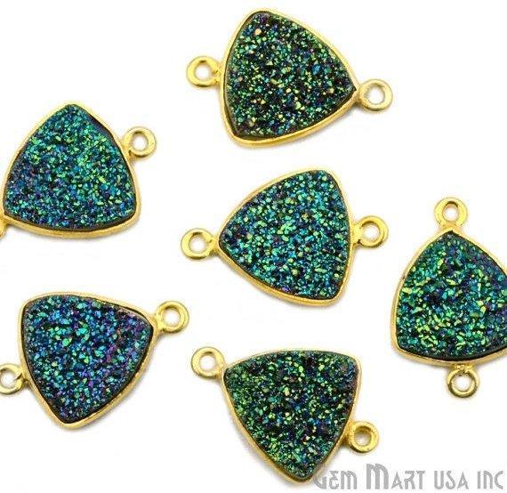 Natural Titanium Druzy 14mm Trillion Gold Plated Double Bail Bezel Gemstone Connector