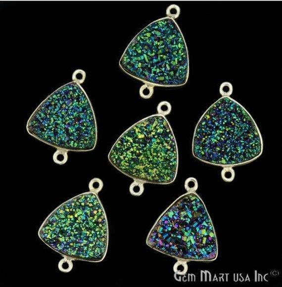 Natural Titanium Druzy 16mm Trillion Silver Plated Double Bail Gemstone Connector