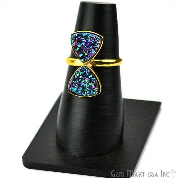 Gold Plated 10mm Trillion Double Druzy Gemstone Statement Ring (12002) - GemMartUSA