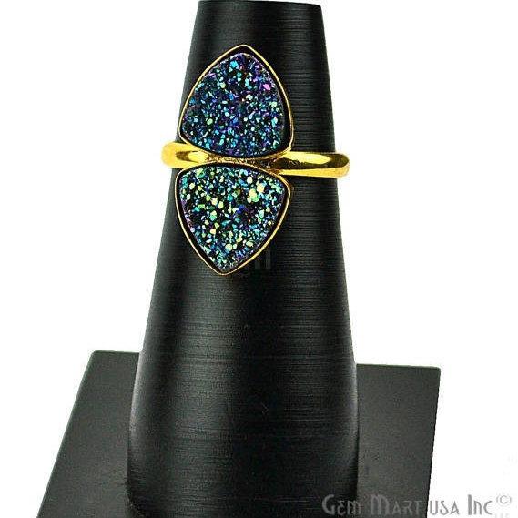 Gold Plated 10mm Trillion Double Druzy Flat Gemstone Statement Ring - Ring Size 6US (12003) - GemMartUSA