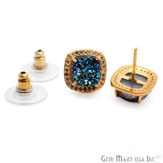 Square Shape 8mm Gold Plated Cubic Zircon Druzy Stud Earrings (Pick your Gemstone) (90032-1) - GemMartUSA