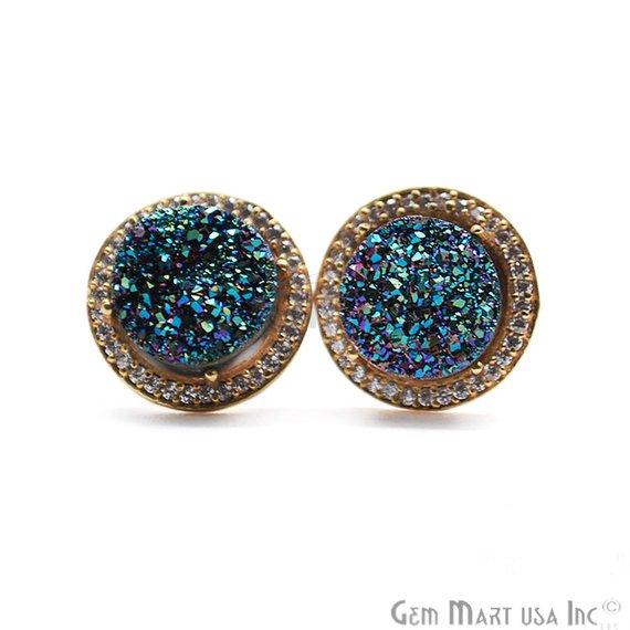 CZ Pave Round 10mm Gold Plated Druzy Gemstone Stud Earring Choose Your Gemstone - GemMartUSA