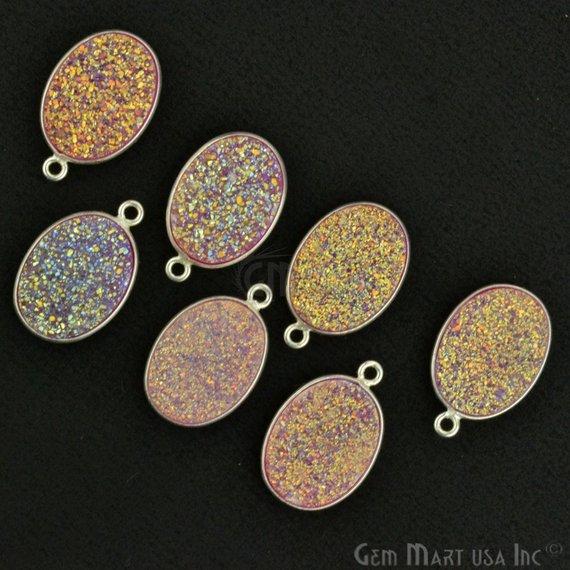 Titanium Druzy 12x16mm Oval Silver Plated Single Bail Gemstone Connector