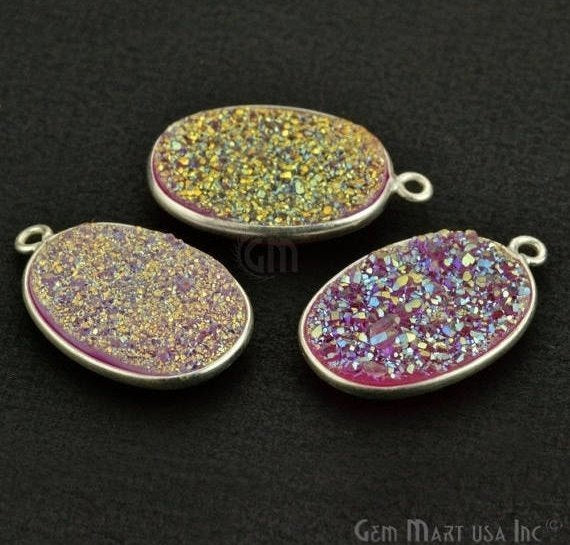 Titanium Druzy 13x18mm Oval Bezel Gemstone Connector (Pick Your Color, Bail, Plating) - GemMartUSA