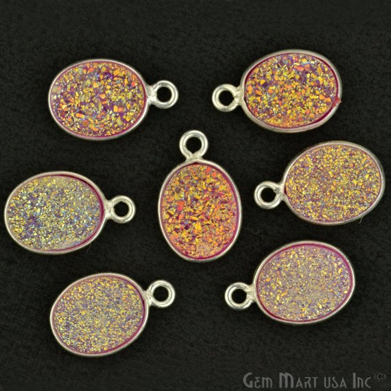 Titanium Druzy 8x10mm Oval Bezel Gemstone Connector (Pick Your Color, Bail, Plating) - GemMartUSA