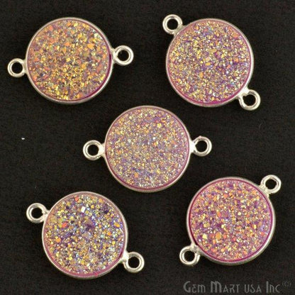 Natural Titanium Silver Druzy 12mm Round Double Bail Bezel Gemstone Connector