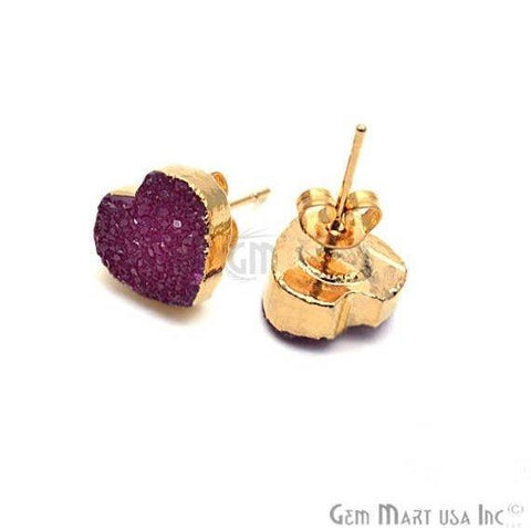 Druzy 10mm Heart Gold Edged Stud Earring 1 Pair (Pick Your Color) - GemMartUSA