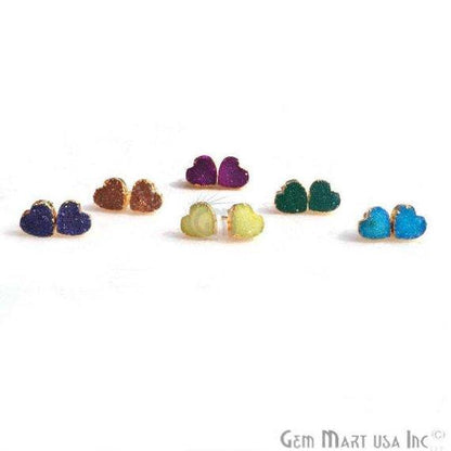 Druzy 10mm Heart Gold Edged Stud Earring 1 Pair (Pick Your Color) - GemMartUSA