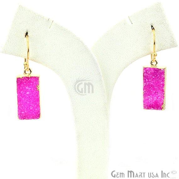 Druzy Gold Electroplated 10x38mm Rectangle Shape Gemstone Dangle Hook Earring Pic Your Color (90145-1) - GemMartUSA