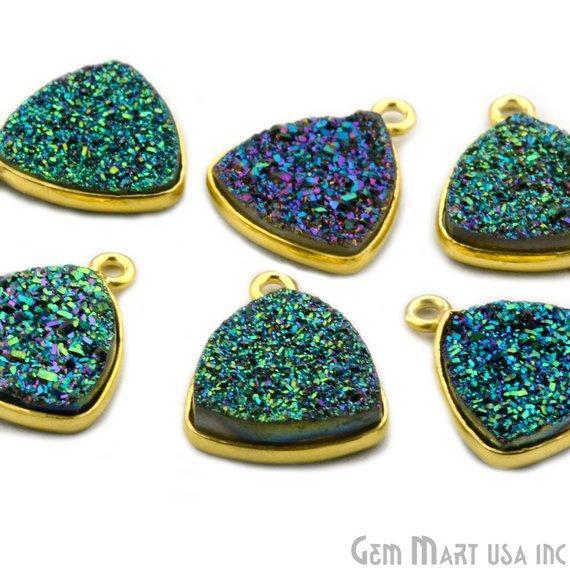 Natural Titanium Druzy 14mm Trillion Gold Plated Single Bail Bezel Gemstone Connector