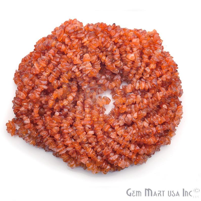 Dark Carnelian Chip Beads, 34 Inch, Natural Chip Strands, Drilled Strung Nugget Beads, 3-7mm, Polished, GemMartUSA (CHDC-70001)